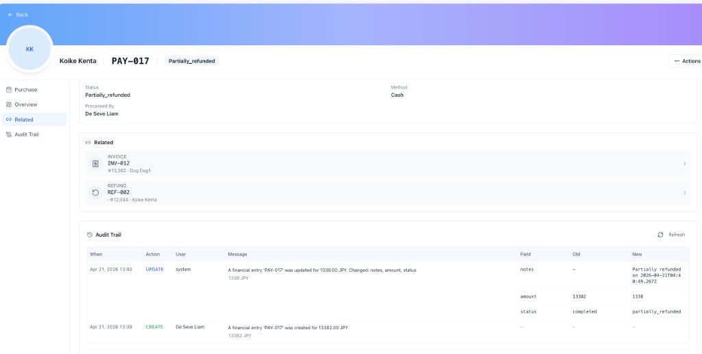 OneLearn payment record — audit trail with who changed what, when, and field-level before and after