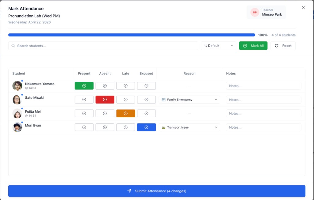 OneLearn mark attendance — class roster with present, absent, late, and excused