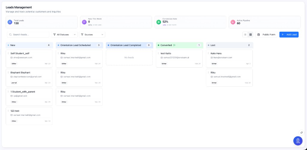 OneLearn Leads Management Kanban — drag leads across New, Orientation Scheduled, Completed, Converted, and Lost