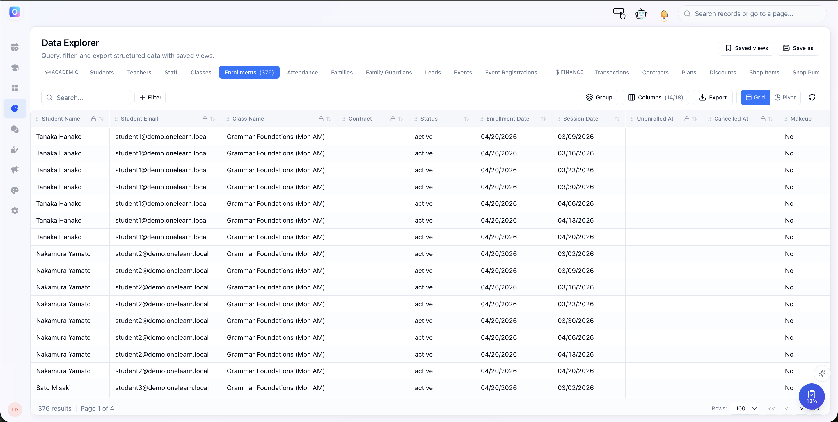 OneLearn Data Explorer — Excel-style grid for students, teachers, attendance, and financials, downloadable any time